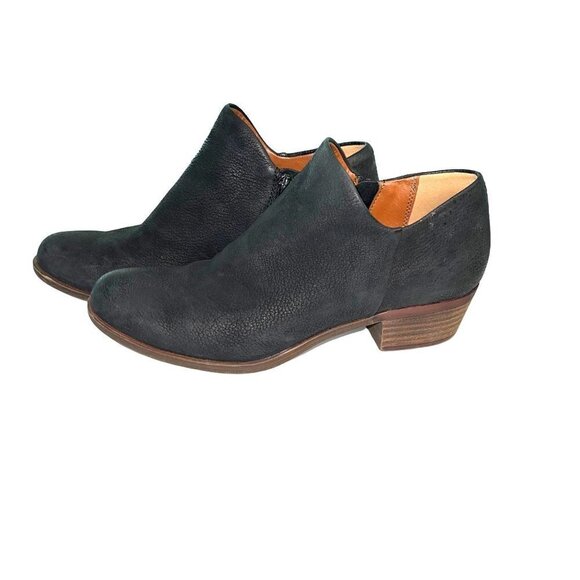 Lucky Brand Leather Booties Womens Size 7.5 Inside Zipper Manmade Sole Black - Picture 1 of 10